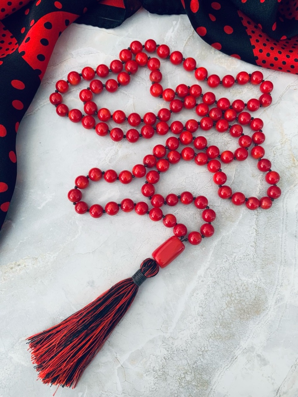 Red Coral 108 Bead MalaTassel Necklace